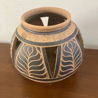 Studio Pottery Carved Leaf Cut-Out Vase | Terracotta Black Glaze Decorative Pot 5.5"