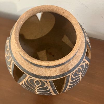 Studio Pottery Carved Leaf Cut-Out Vase | Terracotta Black Glaze Decorative Pot 5.5"
