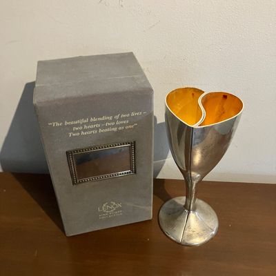 Vintage Lenox Kirk Stieff Collection Wedding Promises Interlocking Heart Silver-Plated Champagne Goblets Pair w/ Original Box