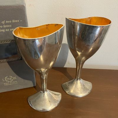 Vintage Lenox Kirk Stieff Collection Wedding Promises Interlocking Heart Silver-Plated Champagne Goblets Pair w/ Original Box