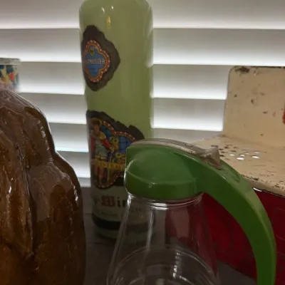 Sale Photo Thumbnail #77: Jadeite handle glass syrup dispenser and liqueur bottle