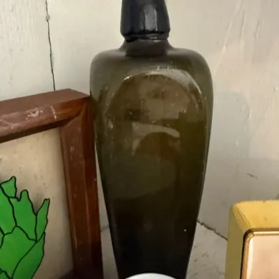 Sale Photo Thumbnail #99: Antique olive glass case gin bottle