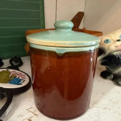 Sale Photo Thumbnail #112: Brown drip glaze stoneware canister with lid