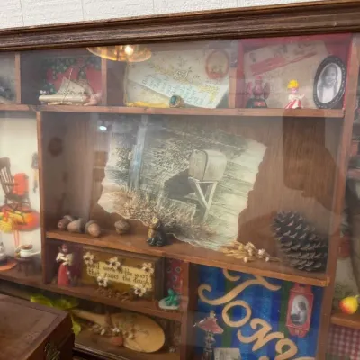 Sale Photo Thumbnail #124: Oak shadow box curio with miniatures
