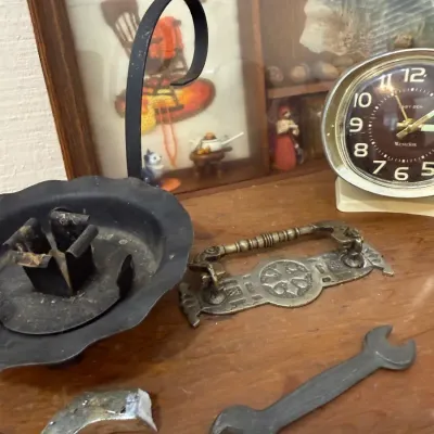 Sale Photo Thumbnail #126: Westclox clock, primitive candle stand and brass pull