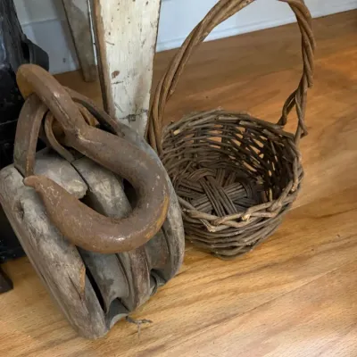 Sale Photo Thumbnail #142: Antique wooden pulley block and willow gathering basket