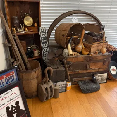 Sale Photo Thumbnail #143: Primitive corner with wooden trunk, bushel basket and gourd dippers