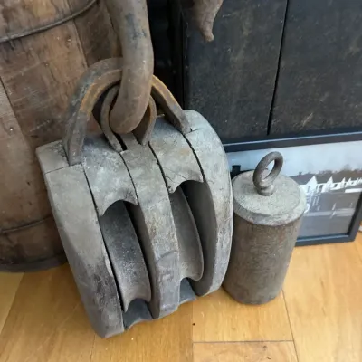 Sale Photo Thumbnail #147: Large antique wooden triple sheave pulley block