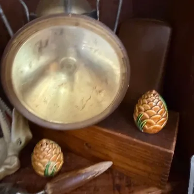 Sale Photo Thumbnail #155: Brass bowl and ceramic pineapple salt and pepper shakers