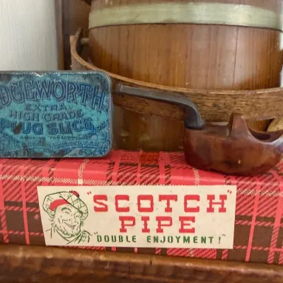 Sale Photo Thumbnail #160: Edgeworth tobacco tin, Scotch Pipe box and estate pipe