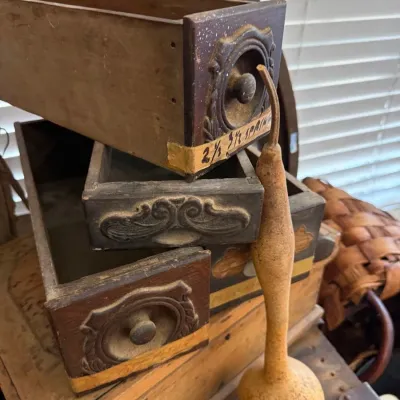 Sale Photo Thumbnail #168: Stack of antique carved wood drawers