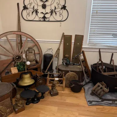 Sale Photo Thumbnail #173: Wagon wheel, brass bell and cast iron balance scales