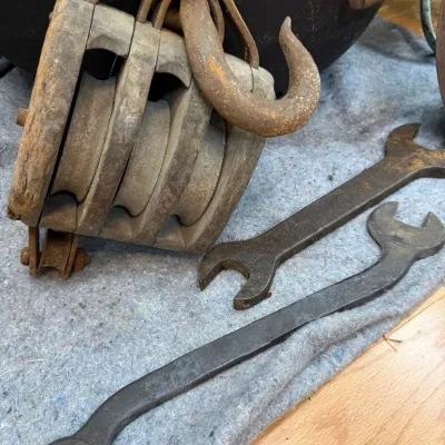 Sale Photo Thumbnail #199: Antique wooden block and tackle with large wrenches