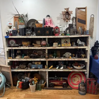 Sale Photo Thumbnail #226: Primitive shelving unit full of antiques and collectibles