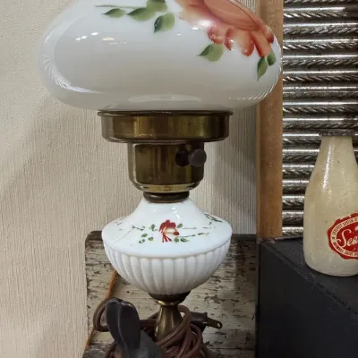 Sale Photo Thumbnail #228: Antique hand-painted milk glass parlor lamp
