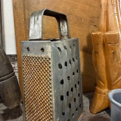 Sale Photo Thumbnail #244: Antique tin box grater and wooden mallet