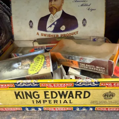 Sale Photo Thumbnail #252: King Edward Imperial cigar boxes and fishing lures