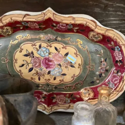 Sale Photo Thumbnail #269: Hand-painted floral porcelain oval tray with gilt