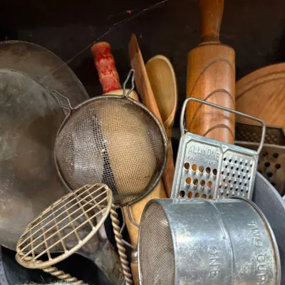 Sale Photo Thumbnail #291: Assorted vintage kitchen utensils and sifter
