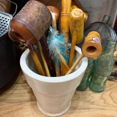 Sale Photo Thumbnail #292: Antique wooden mashers and utensils in stoneware crock