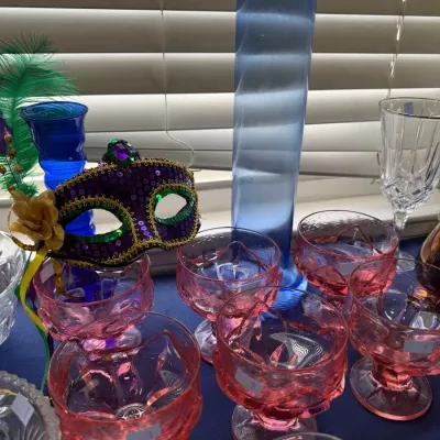 Sale Photo Thumbnail #303: Pink depression glass sherbets with Mardi Gras mask