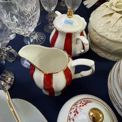 Sale Photo Thumbnail #311: Red and white striped porcelain teapot and creamer