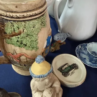Sale Photo Thumbnail #341: Majolica style cottage scene stein