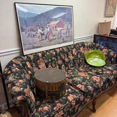 Sale Photo Thumbnail #344: Floral tapestry camelback sofa with carved wood frame