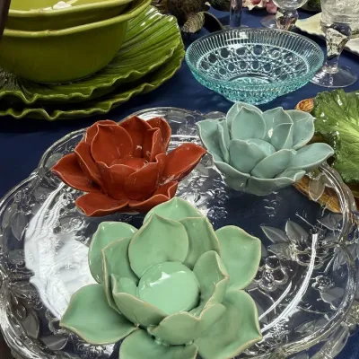 Sale Photo Thumbnail #358: Ceramic lotus flower figurines on cut glass tray