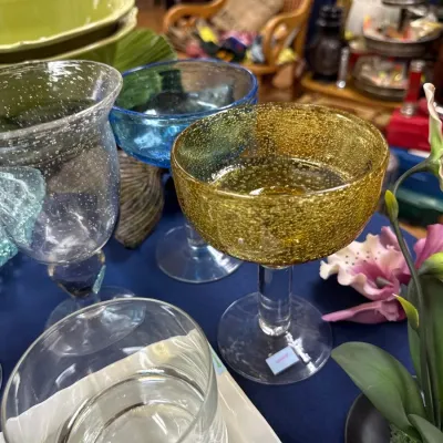 Sale Photo Thumbnail #363: Amber bubble glass compote with colored glass bowls