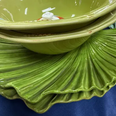 Sale Photo Thumbnail #367: Green majolica style leaf plates and serving bowls