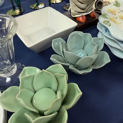 Sale Photo Thumbnail #371: Pair of celadon ceramic lotus flower dishes