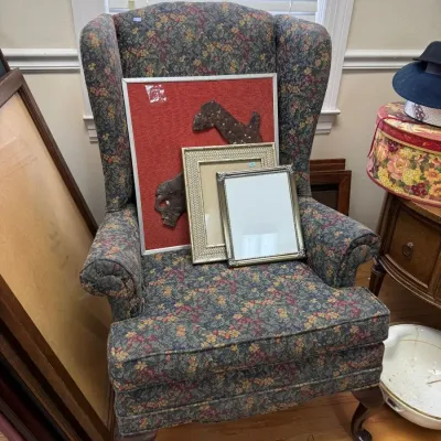 Sale Photo Thumbnail #376: Floral wingback chair with framed mirrors