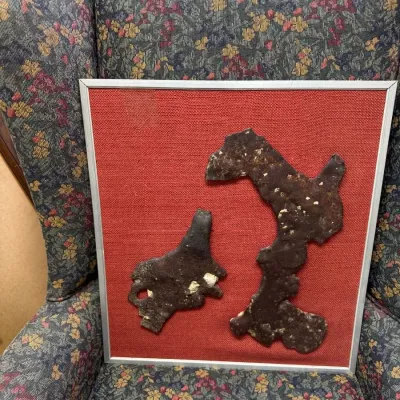 Sale Photo Thumbnail #377: Framed iron fragment shadow box art