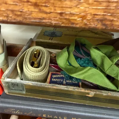 Sale Photo Thumbnail #405: Wooden box with Boy Scout neckerchief and web belt