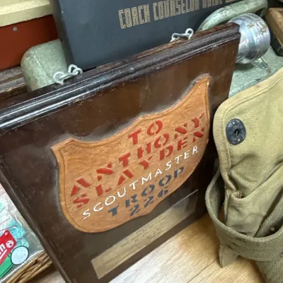 Sale Photo Thumbnail #410: Framed leather Scoutmaster presentation plaque, Troop 22