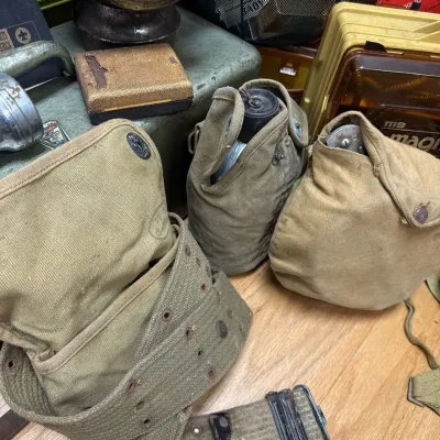 Sale Photo Thumbnail #411: Vintage canvas military canteens with web belt