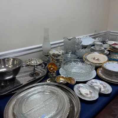 Sale Photo Thumbnail #422: Silverplate serving pieces with china and glassware