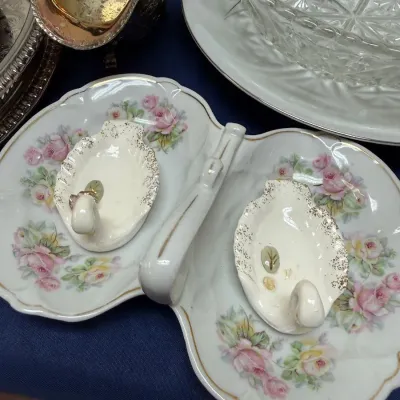 Sale Photo Thumbnail #426: Hand painted rose porcelain divided condiment dish