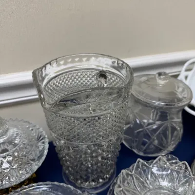 Sale Photo Thumbnail #428: Pressed glass vase, covered jam jar and bowls