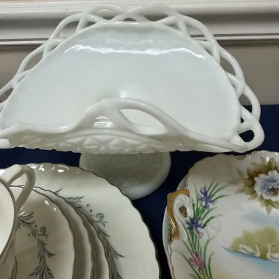 Sale Photo Thumbnail #432: Milk glass open lace compote and hand painted bowl