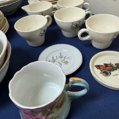 Sale Photo Thumbnail #439: Hand painted rose cup with ribbed teacups and saucers