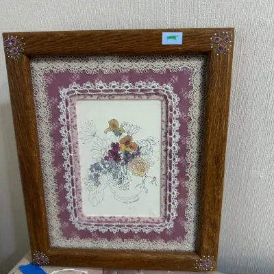 Sale Photo Thumbnail #441: Framed floral print with lace mat, oak frame