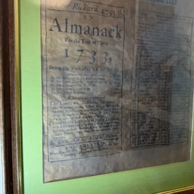 Sale Photo Thumbnail #445: Framed Poor Richard's Almanack 1733 reproduction