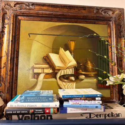 Sale Photo Thumbnail #519: Gilt framed still life oil painting with books