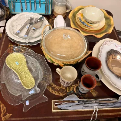 Sale Photo Thumbnail #582: Assorted serveware with glass leaf dishes and silverplate tray