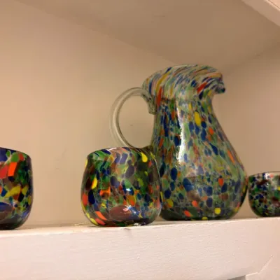 Sale Photo Thumbnail #596: Multicolor confetti art glass pitcher and bowls
