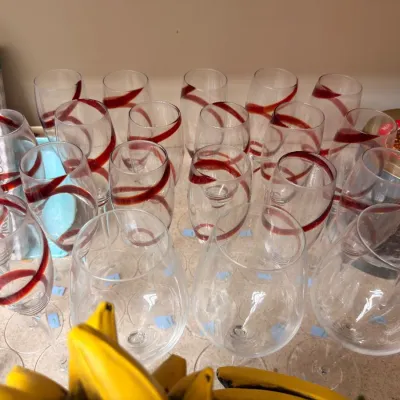Sale Photo Thumbnail #605: Set of red swirl stemware wine glasses