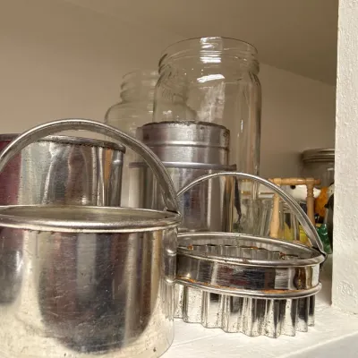 Sale Photo Thumbnail #610: Vintage tin buckets and glass canning jars