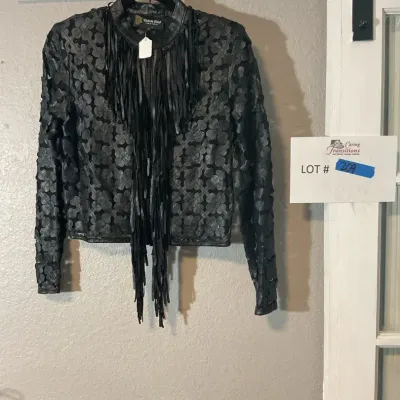 Dakota West Turkish Leather Mesh Leaf Fringed Short Jacket Black Small